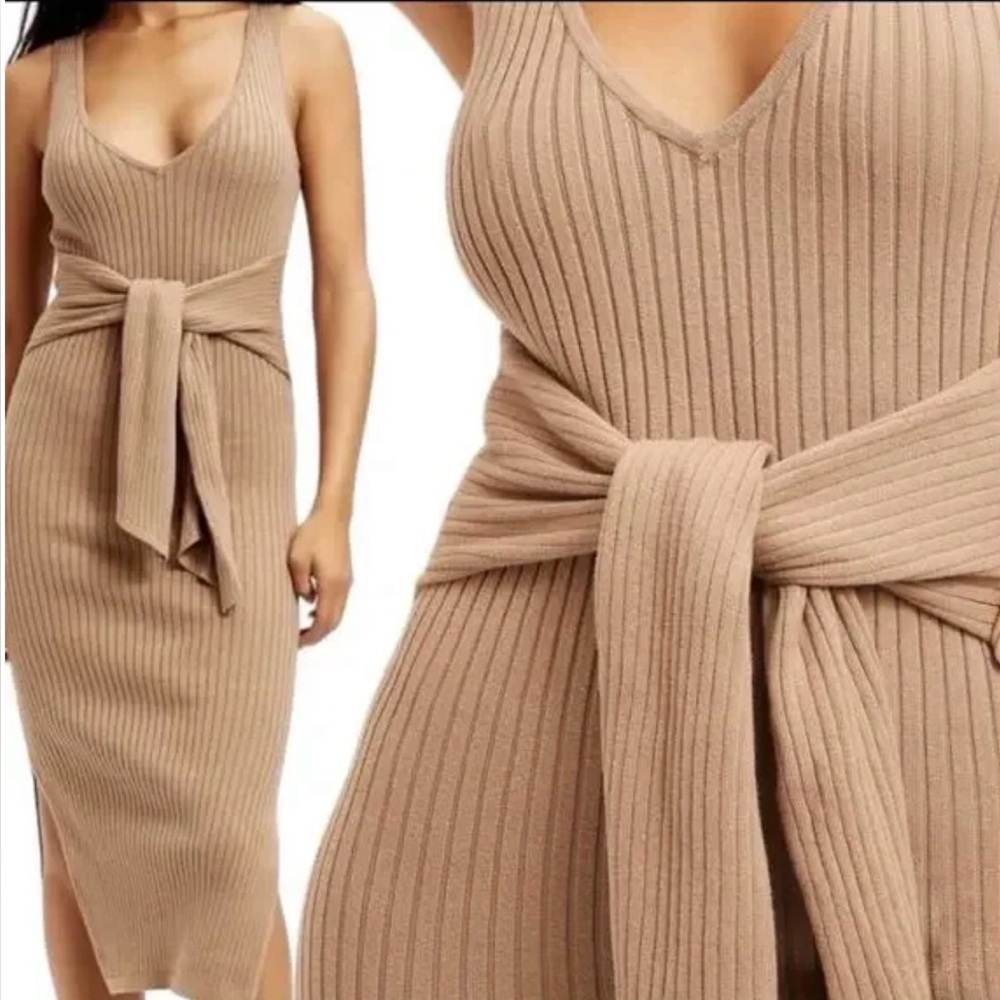 Good American Sleeveless Belted Body Dress Ribbed Knit Midi-Taupe-Size Small (2)